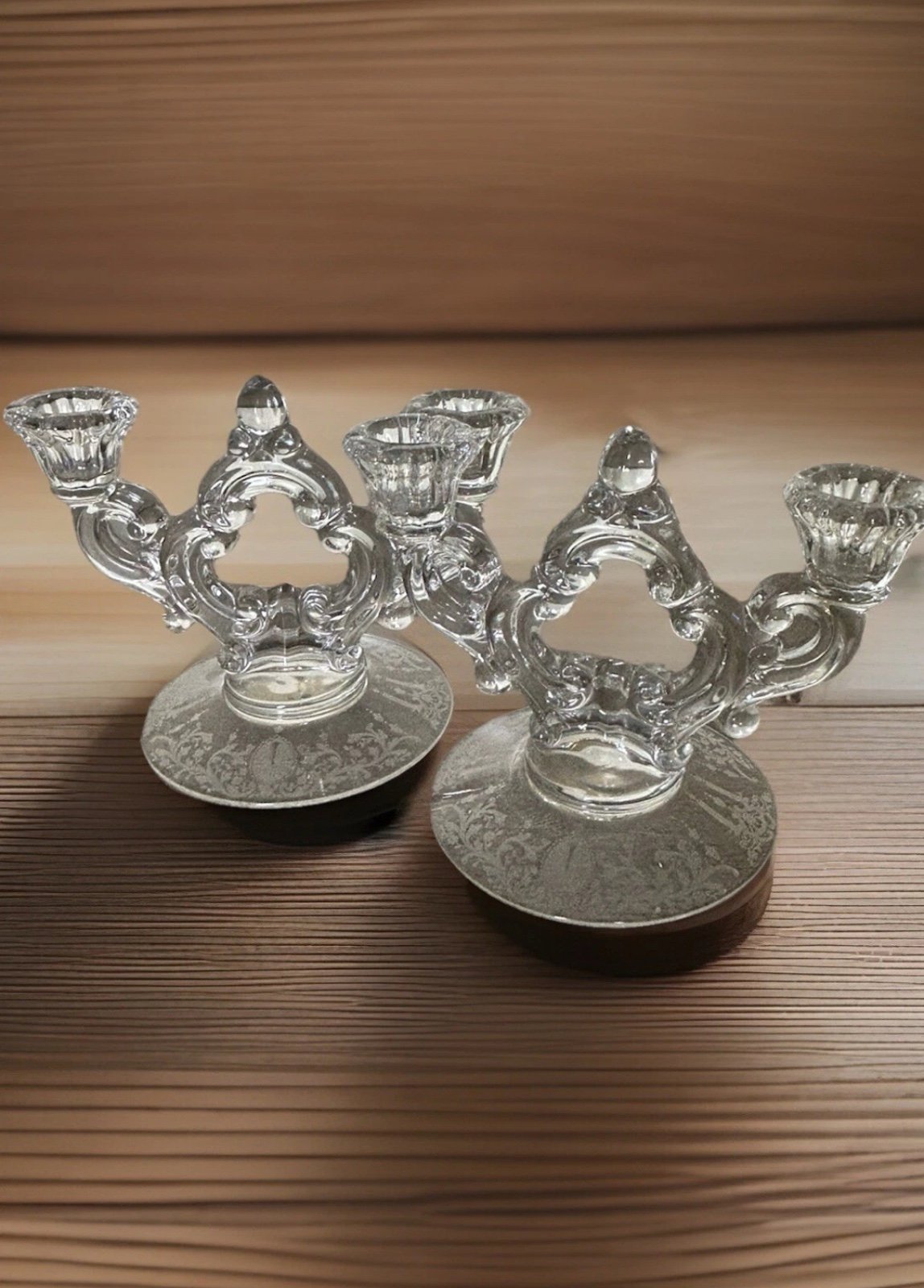 Set Of Vintage Cambridge Etched Glass Keyhole Candleholders.