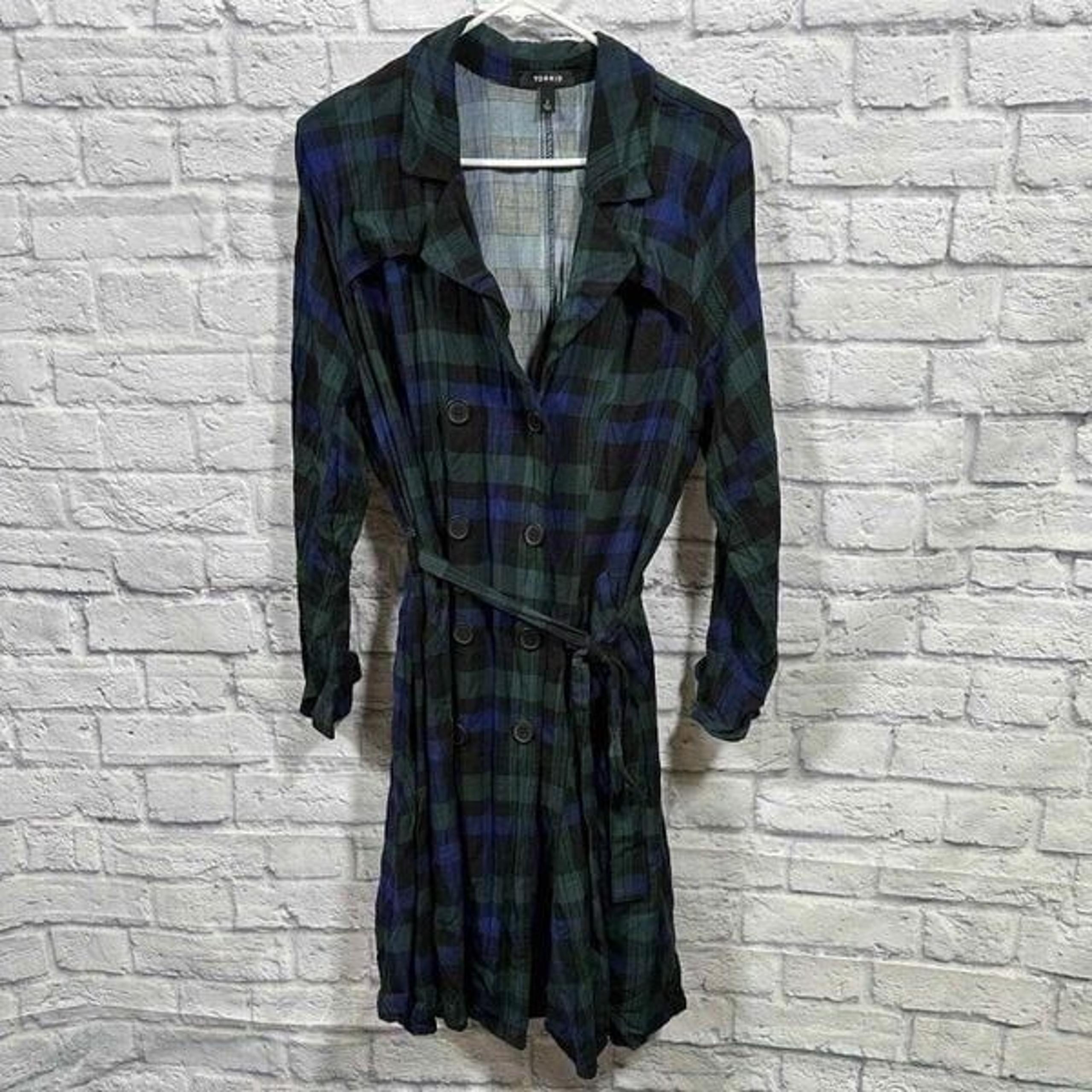 Torrid Trench Coat Womens 2 Blue Green Plaid Long Tie
