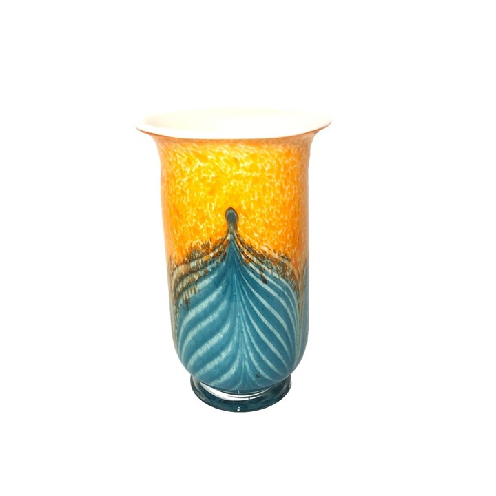 Murano Style Art Glass Vase-Large 11.5”Tx7.25”R Orange & Blue Swirl. Hand Blown.