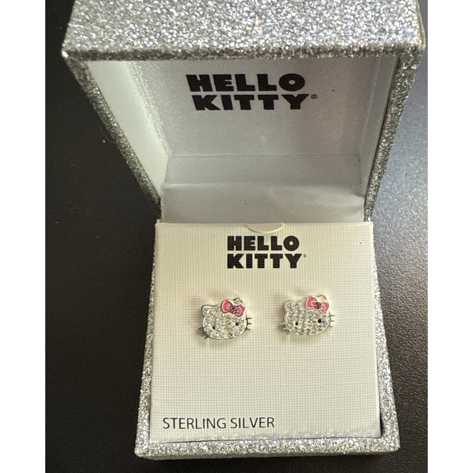 Hello Kitty Fine Silver Plated Earrings Sparkling Studs Gift Box NIB