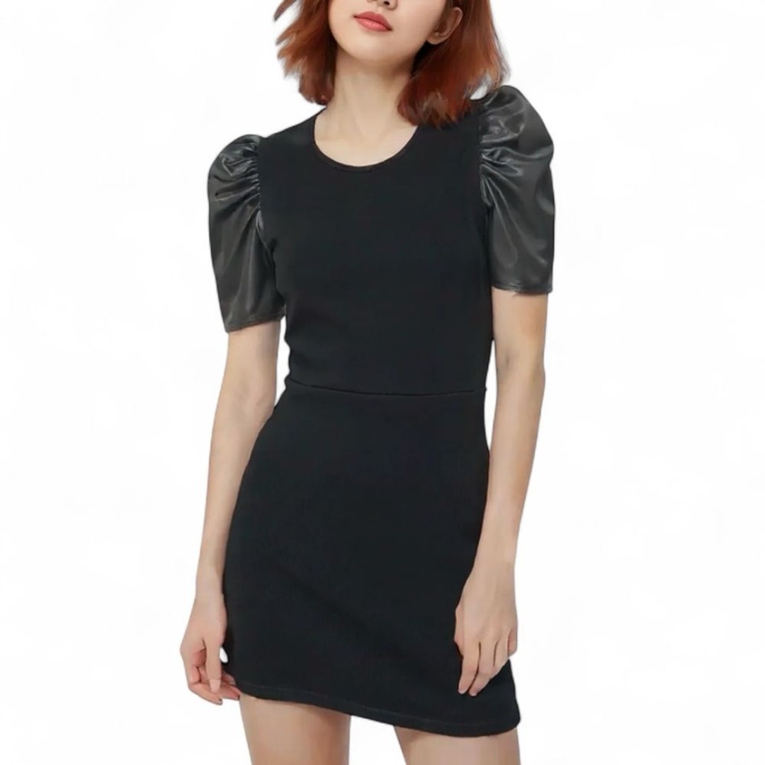 The Impeccable Pig Faux Leather Black Puff Sleeve Dress Size Small