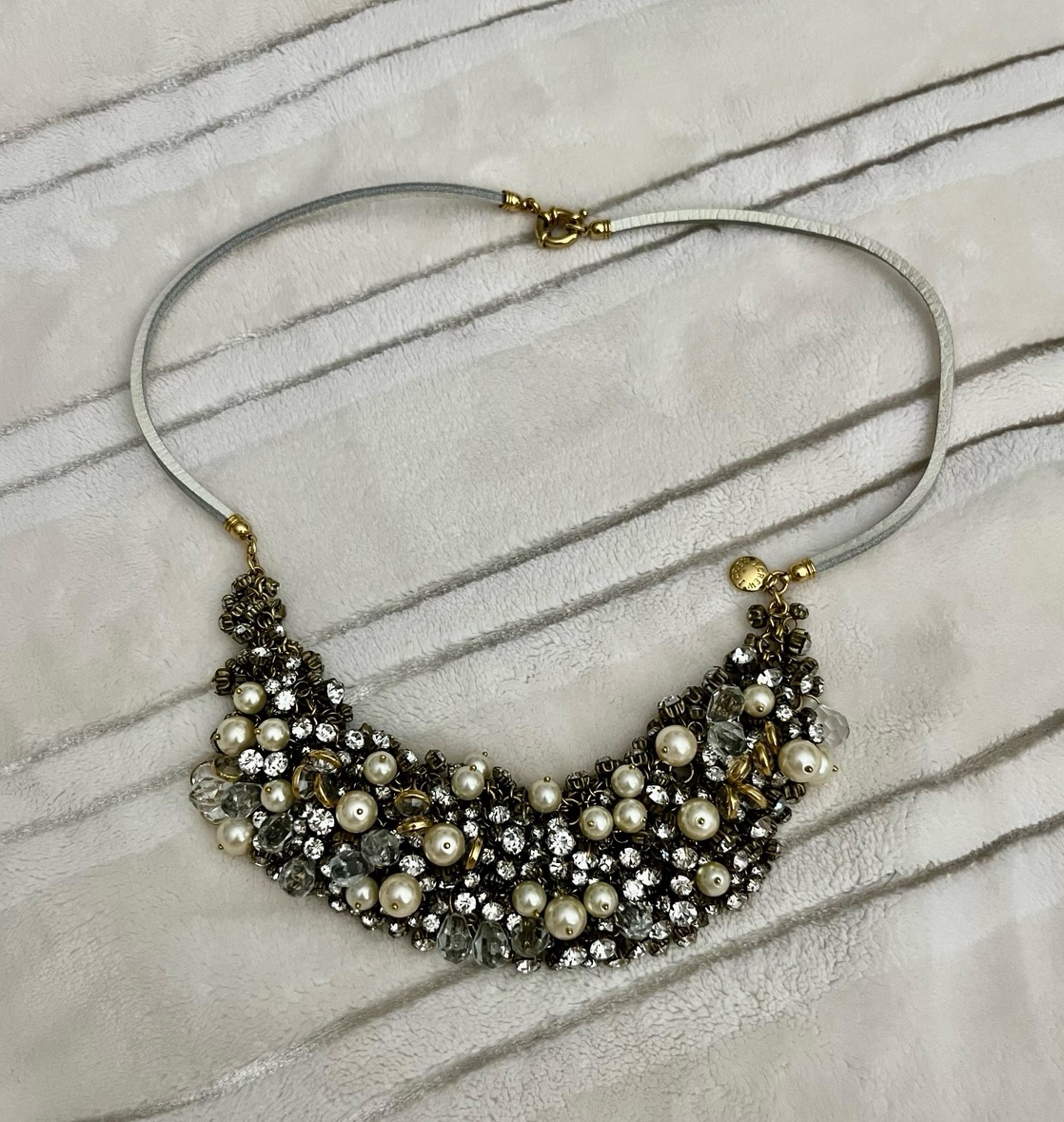 J.Crew Women's Cluster Pearls Crystals Suede Strands Ring Clasp 26"Long Necklace