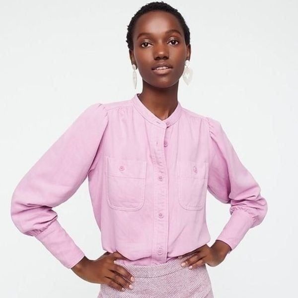 J Crew Point Sur Puff Sleeve Button Front Top