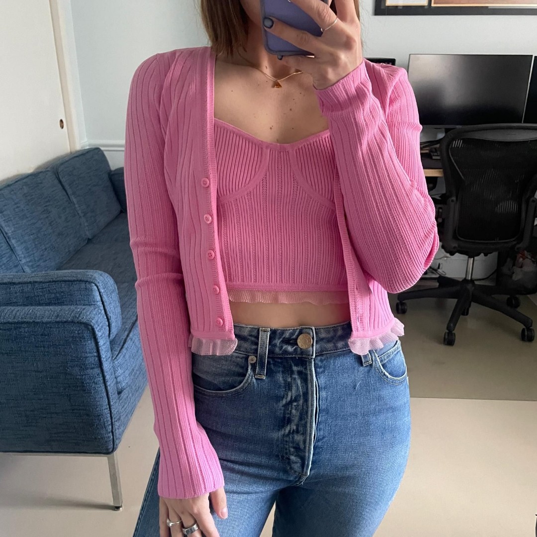 LoveShackFancy Cardigan and Bustier Tank Top Set Pink X-Small
