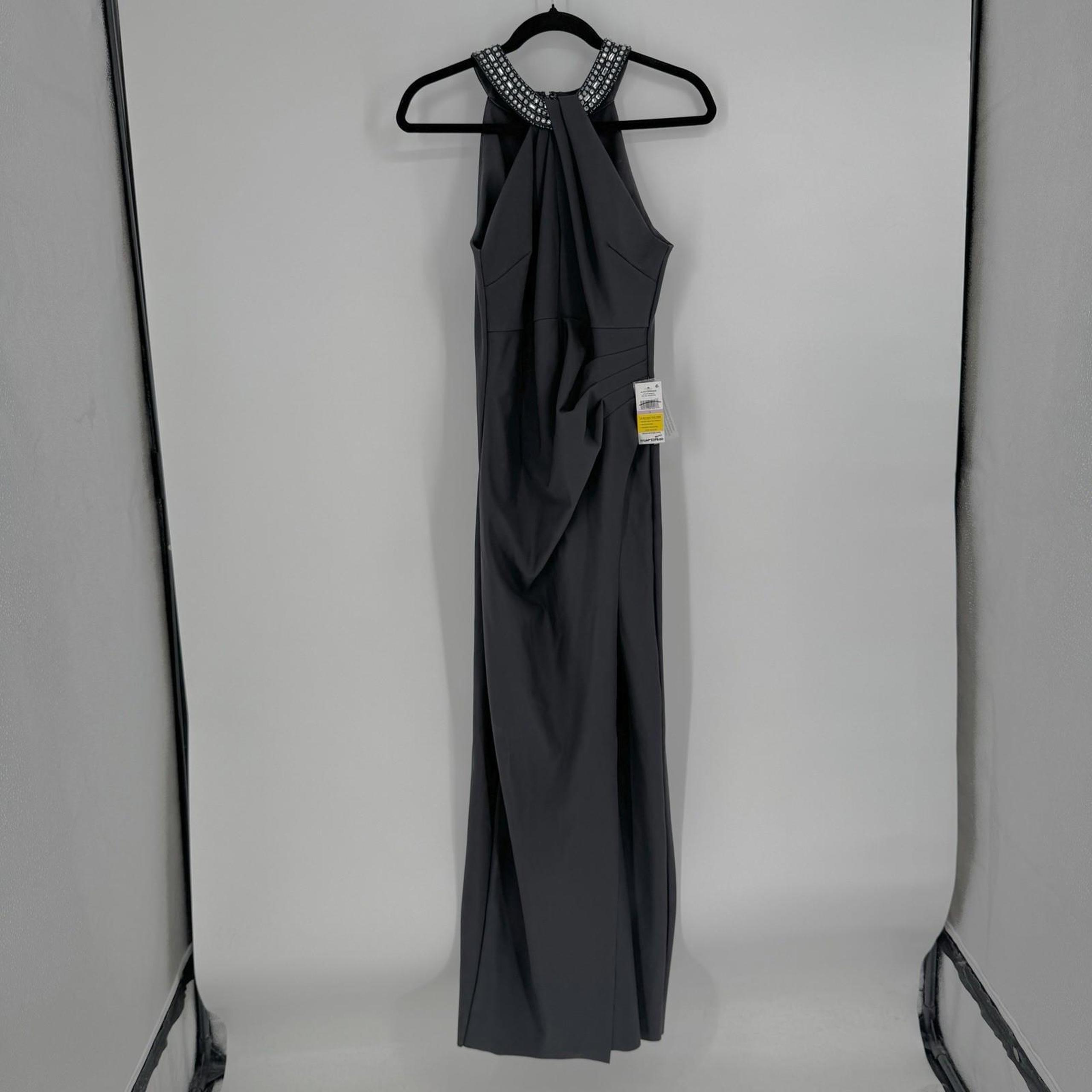 Alex Evenings Dress 6 charcoal gray high neck formal column embellished prom