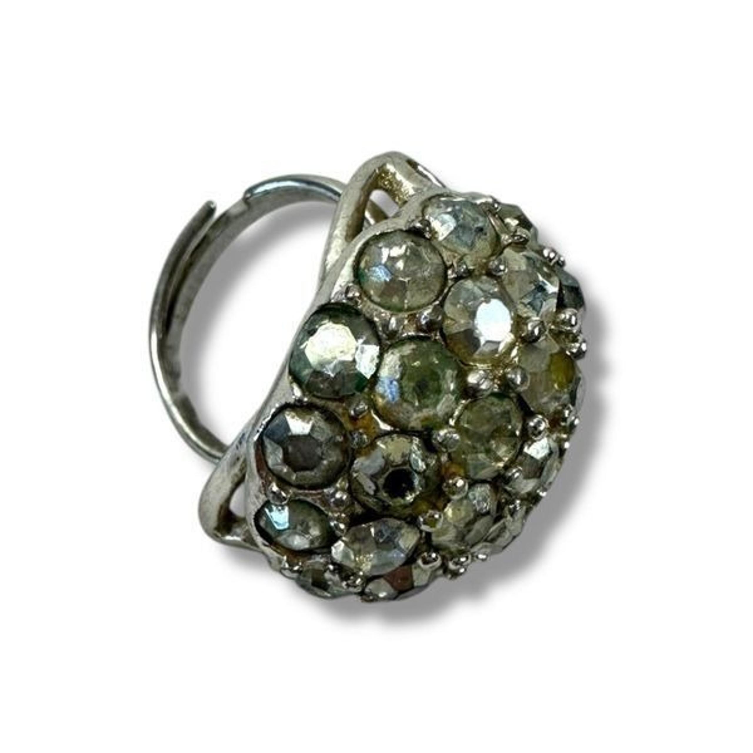 Sarah Coventry Silver Tone Adjustable Cocktail Ring Rhinestone Chunky Statement