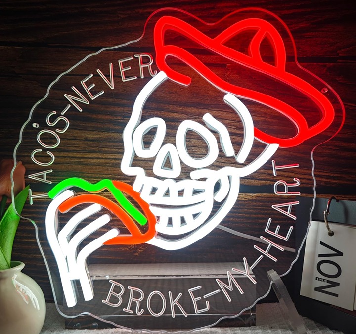 Fun Bright Skeleton “Tacos Never Broke My Heart” LED Night Light Room Wall Decor