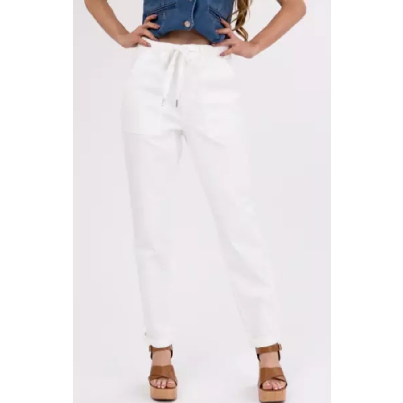 Judy Blue Womens High Waist Double Rolled Ivory Drawstring Joggers/Jeans 13/31