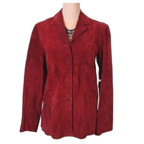 Vntg 90s Red Genuine Leather Suede Single Breasted Blazer Jacket Medium