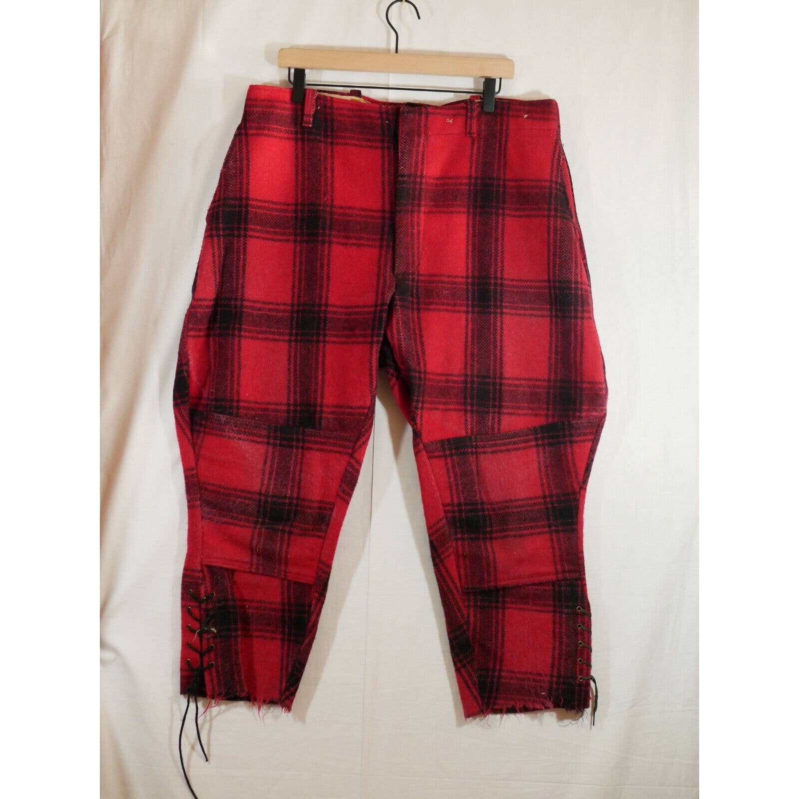 WOOLRICH Vtg 1930s 40s Red Plaid Lace Up Ankle Wool Hunting PANTS Men's 38x25
