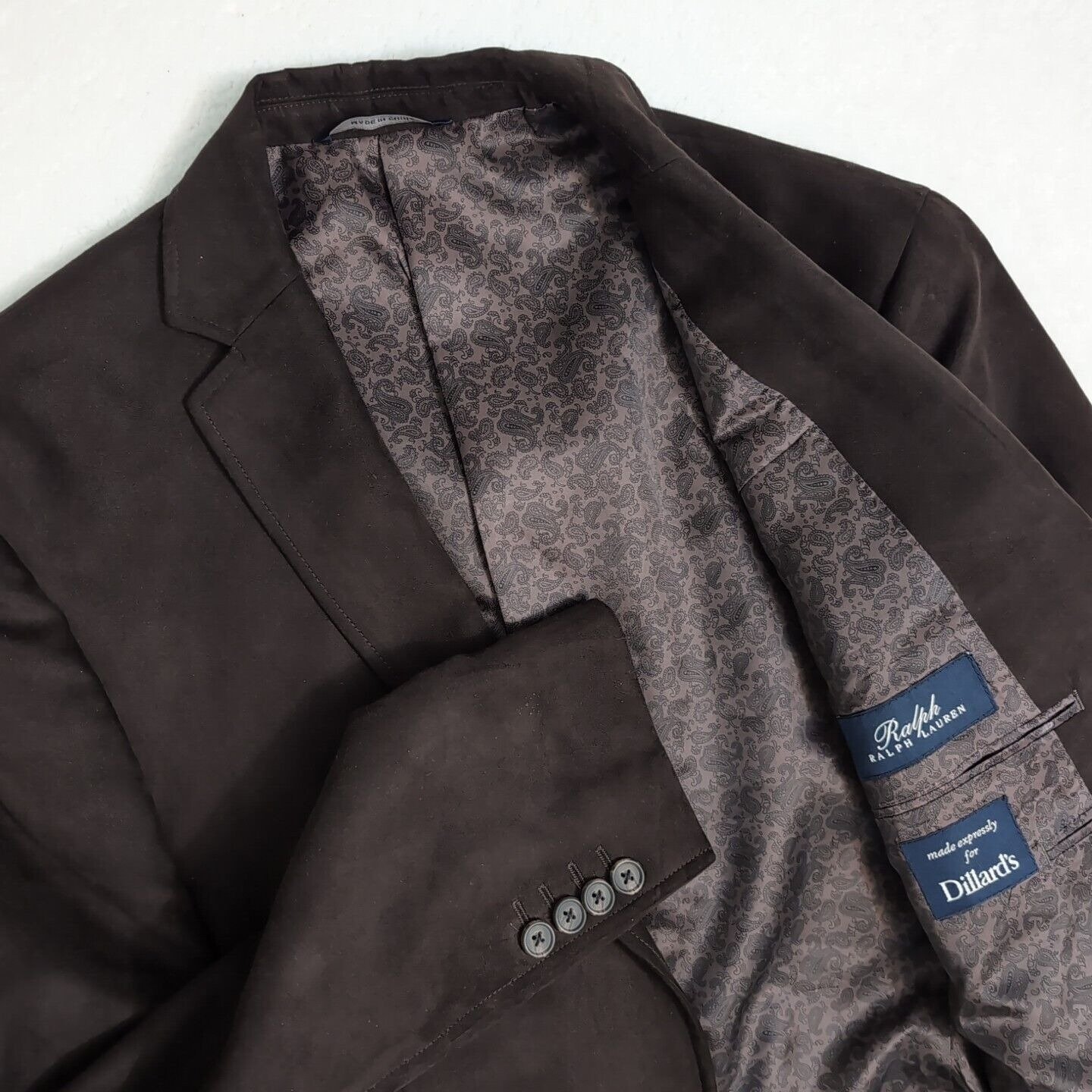 Ralph Lauren Sport Coat Signature Dark Brown Faux Suede Paisley Lining Size 40R