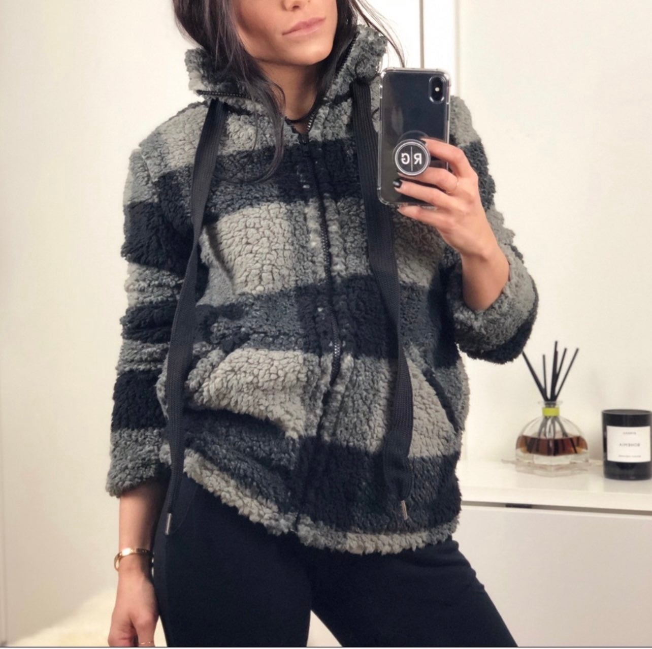 Black & Grey Plaid Teddy Jacket