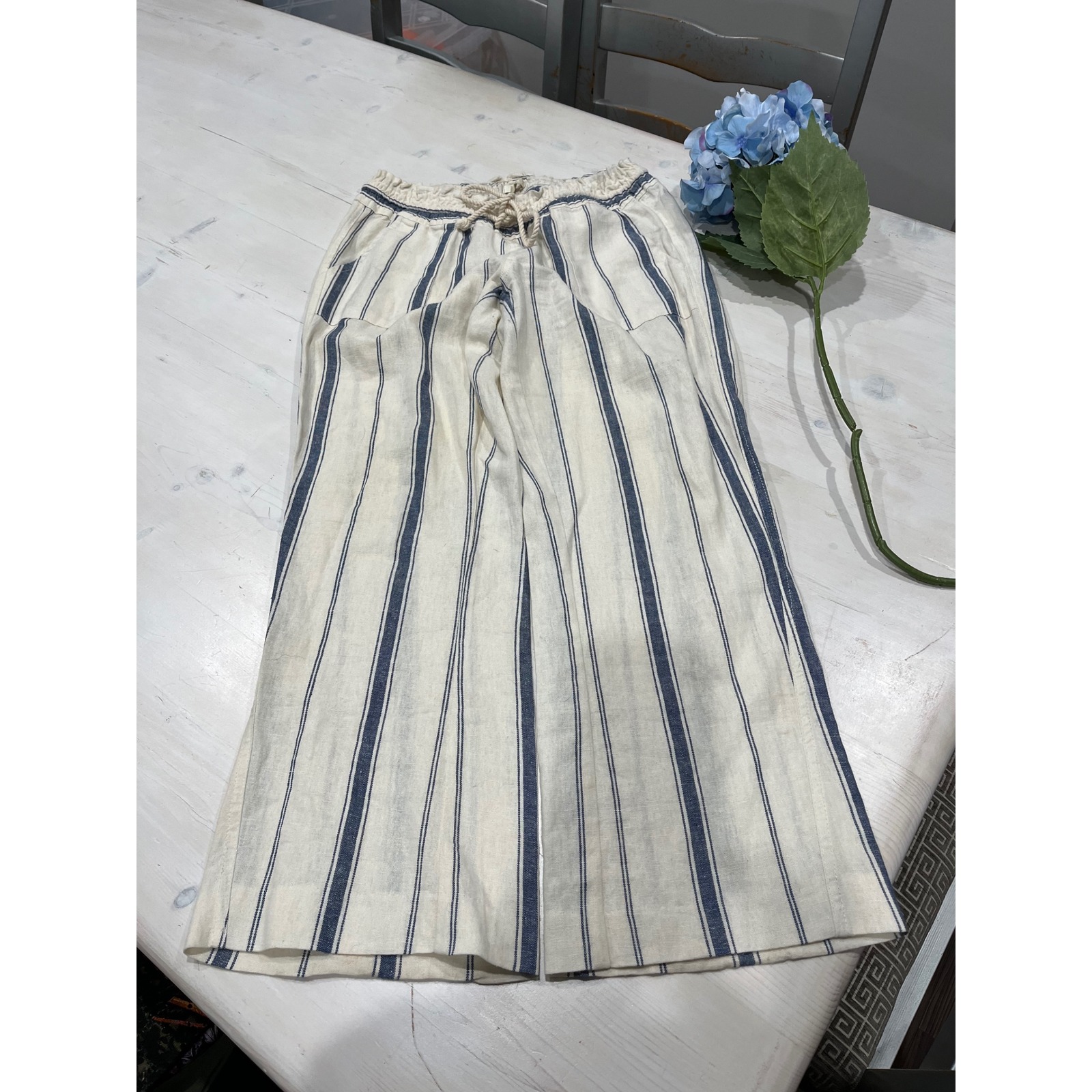 Roxy Striped linen blend Beach Pants Wide Leg Drawstring Waist Casual Size M