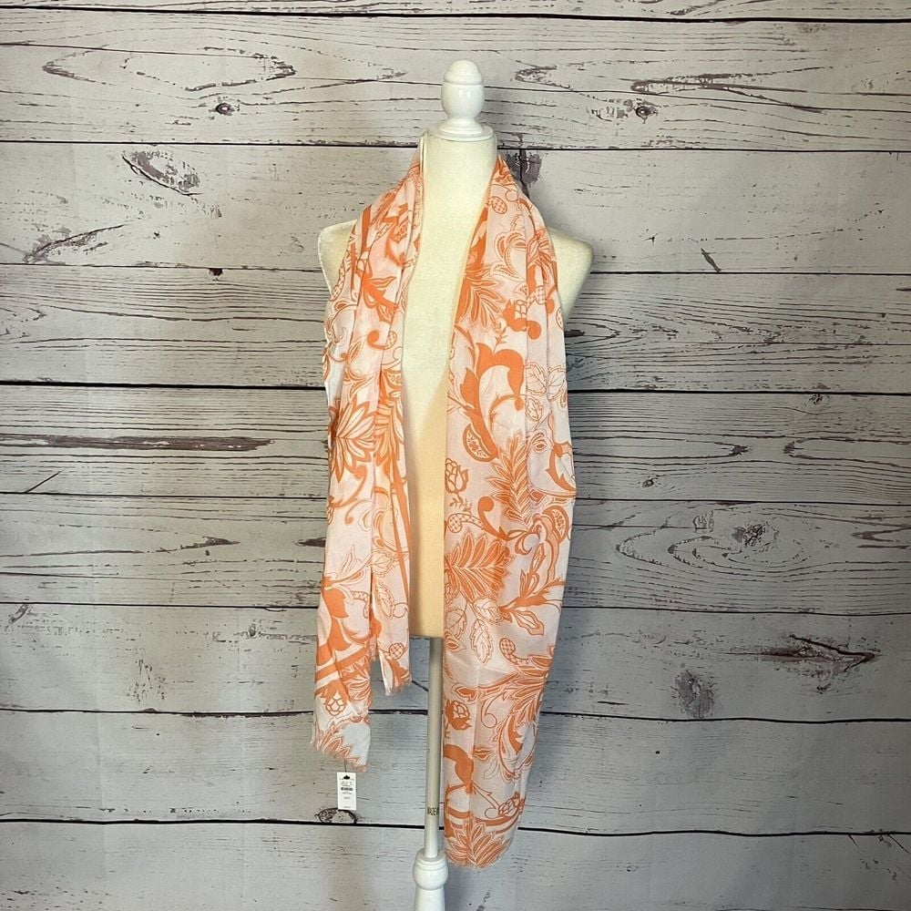 Talbots Scarf Tropical Foulard Oblong Scarf Lightweight Orange White Fringe