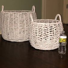 Ivory Round Water Hyacinth Decorative Basket with Handles (Set of 2)