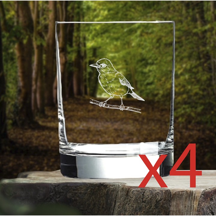 Robin Whiskey Glasses x4 Double 14 Oz Premium Old Fashioned Bird Animal Gift NEW