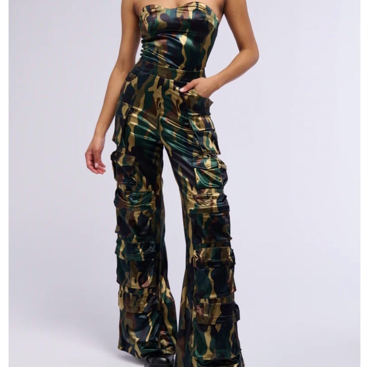 Satin Camo Strapless Jumpsuit