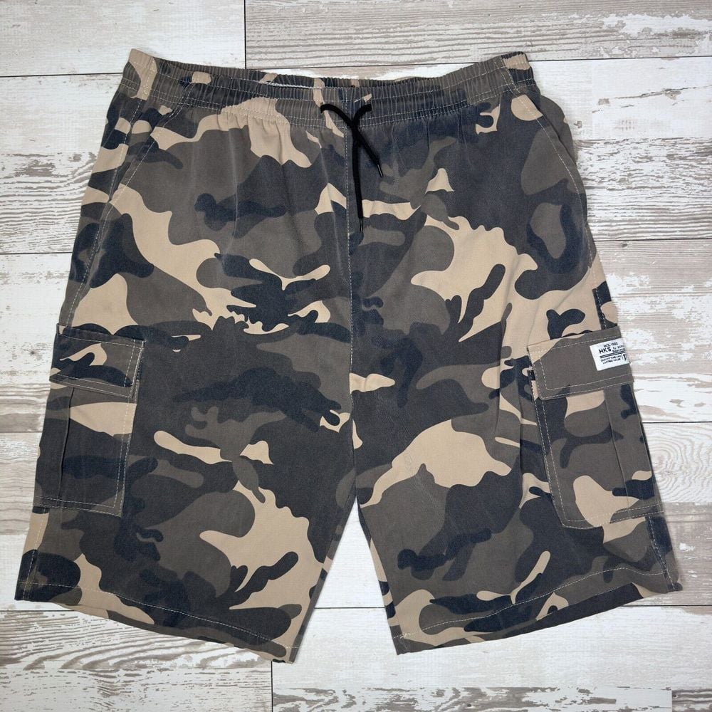 HKS Boris Bidan Insaeri Shorts Mens 3XL Brown Camo Cargo 9 Inseam Elastic Waist