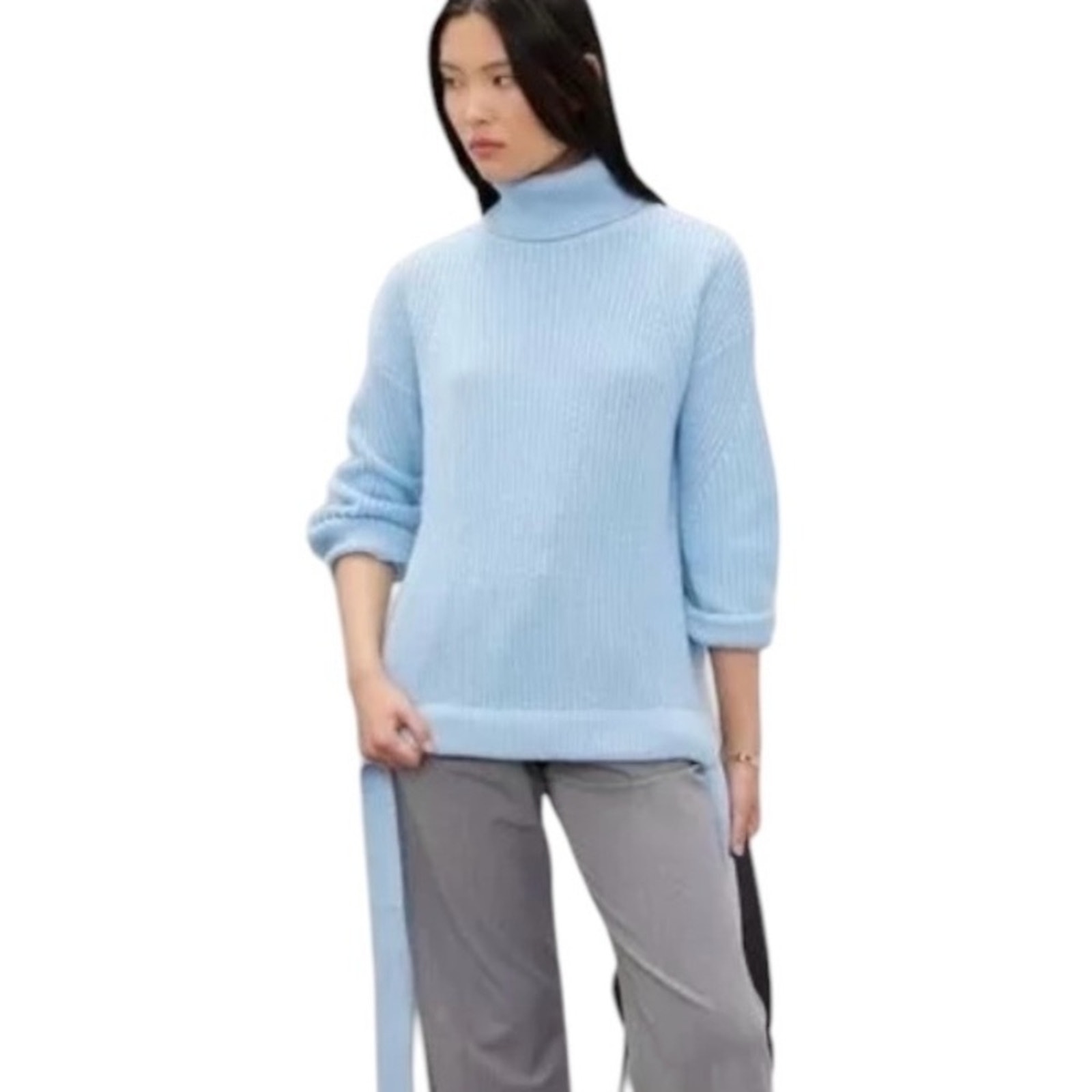 Jason Wu Collective Turtleneck Sweater Chunky Rib Knit Tie Detail Size XL