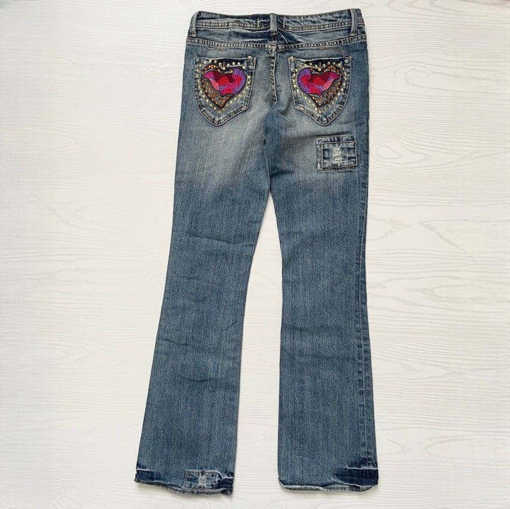 Vintage Y2K Seven7 Womens Bootcut Jeans 27 Rhinestone Patchwork Mid-Rise