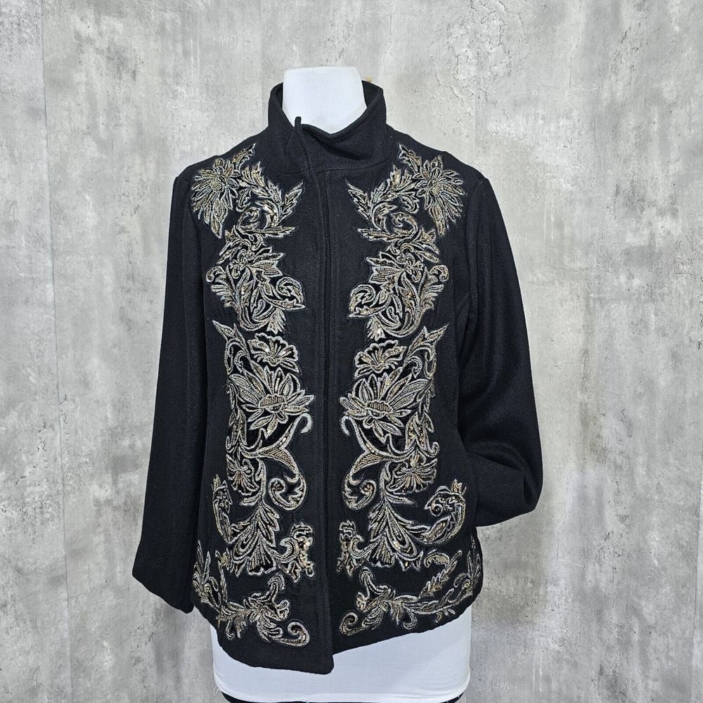 Chicos 3 Womens XL Wool Blend Floral Embellished Beaded Coat Winter