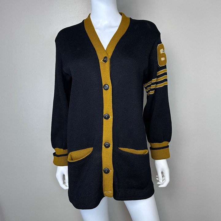 Vintage 1960s Varsity Cardigan Sweater, Size Medium, Black and Gold, 67