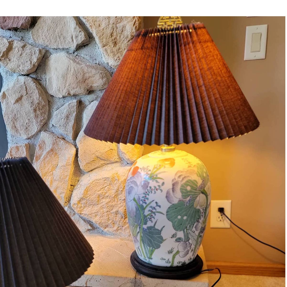 One Oriental lamps, floral design greens, Coral, blue, black shade 28