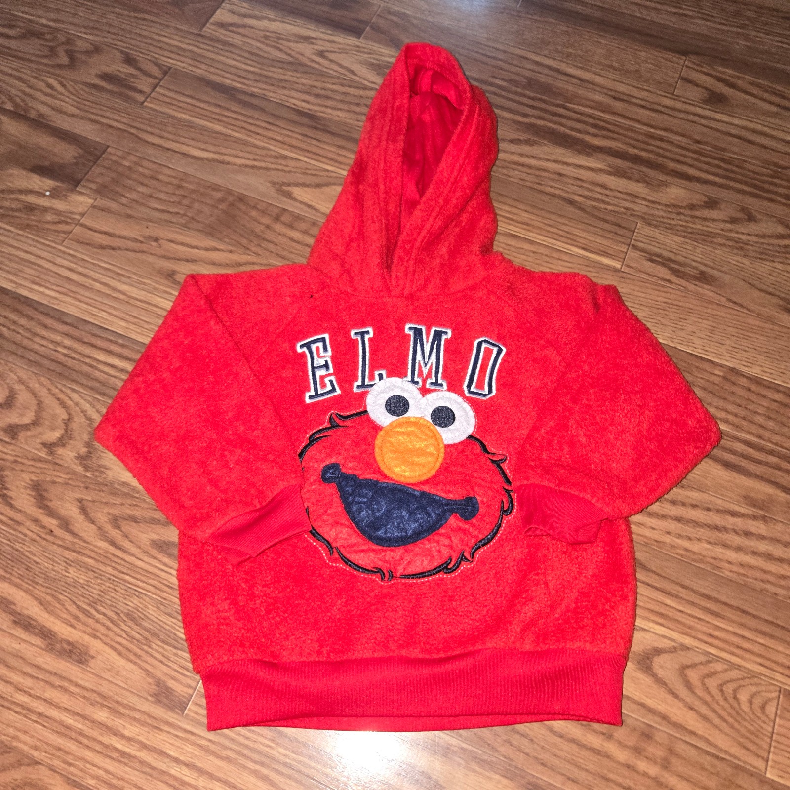 Y2K [2010] SESAME STREET ELMO 2 SIDED VELOUR HOODED SWEATSHIRT 3T 03 Embroidered