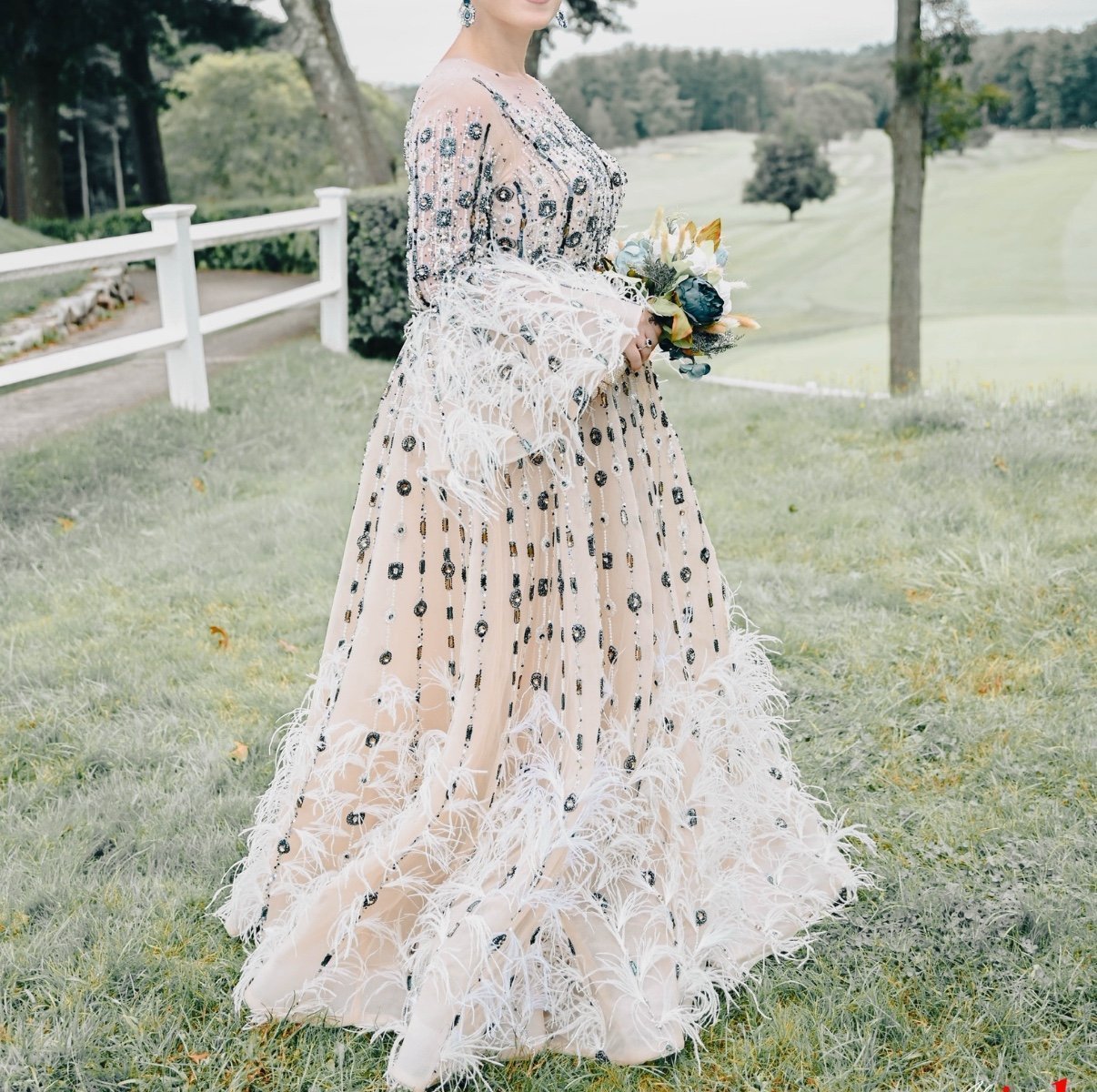 Cream Sequin Feather Embellished Long Sleeve Gown Couture Dress
