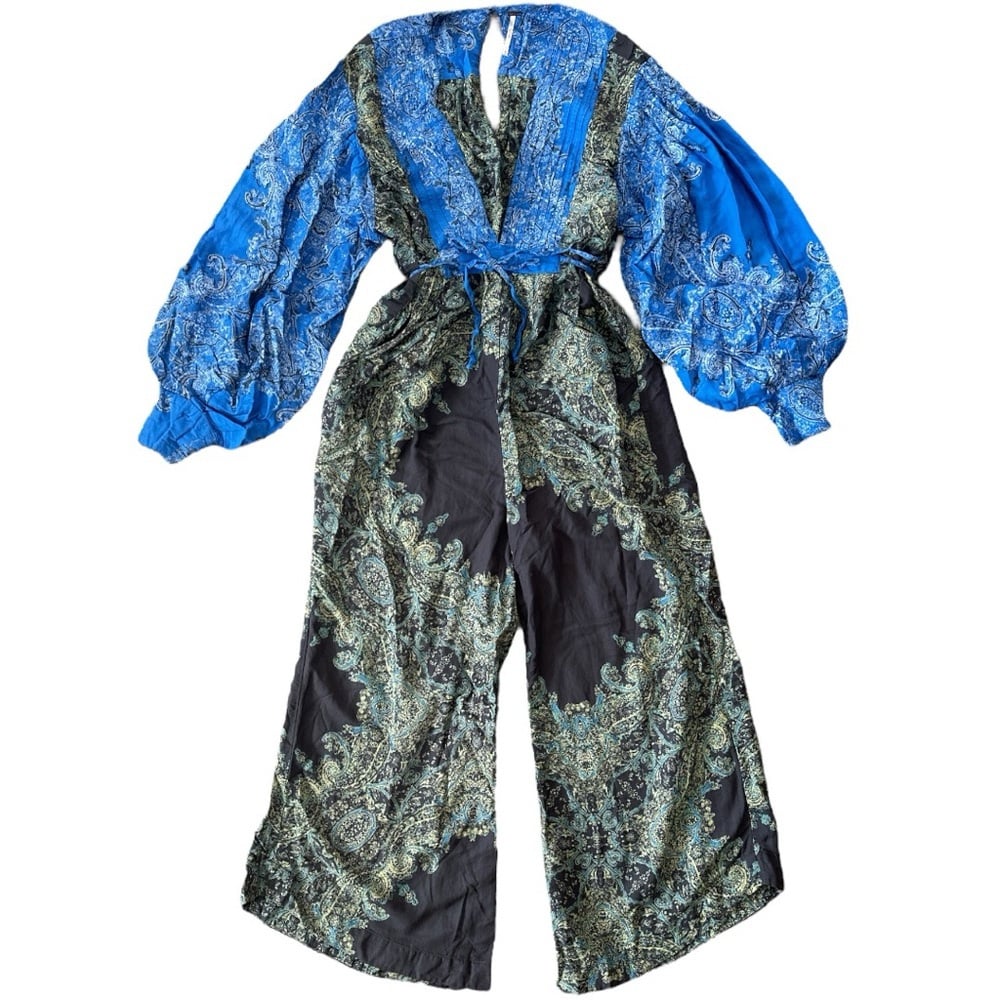 Free People Blooming fields Romper Size Medium paisley print wide leg