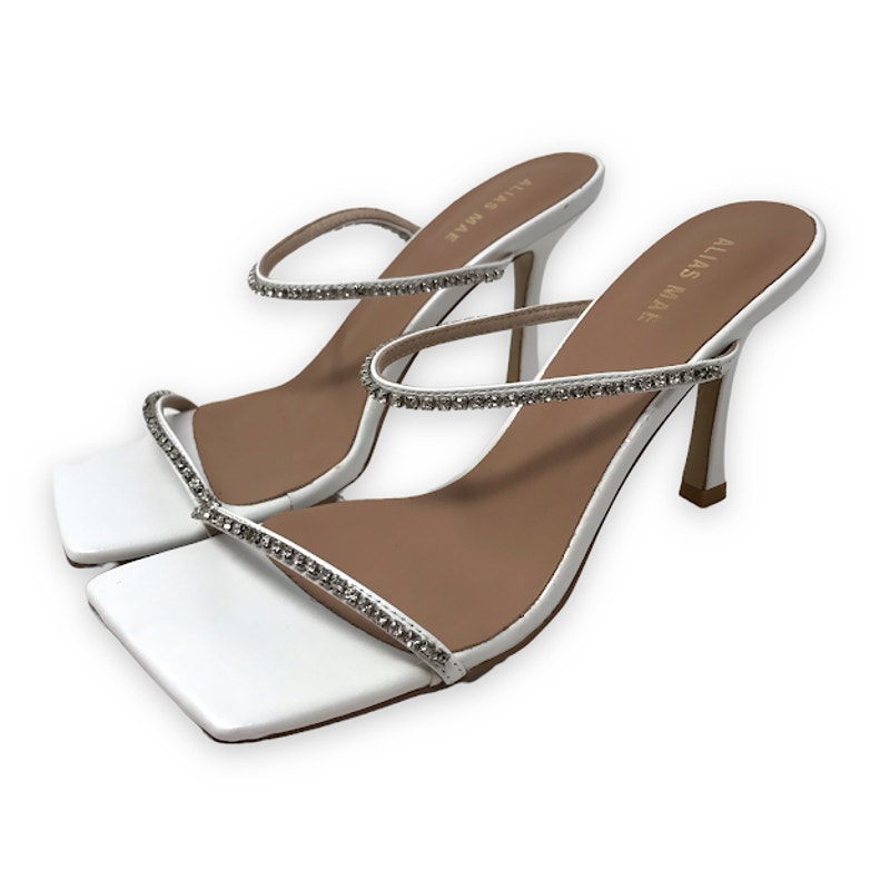 Alias Mae Lexa Mule Heels 7 Rhinestone Crystal Square Toe Double Strap Leather