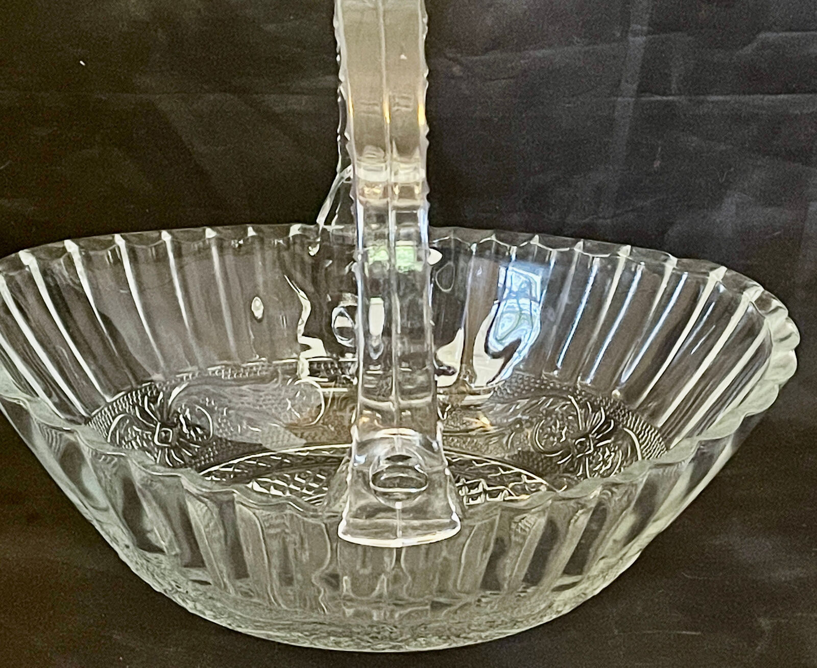 Crystal Pressed Glass Egg Shaped Basket w Acrylic Handle 8 Tall w Handle