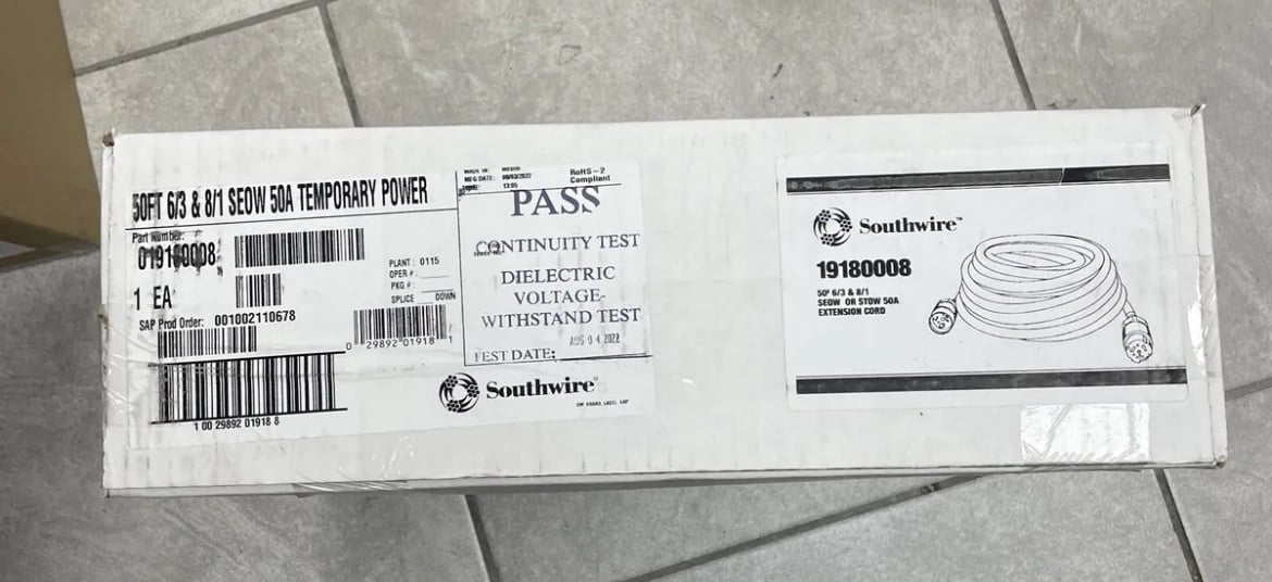 Southwire Twist Lock Generator Power Extension Cord 6/3 & 8/1 Seow 50Amp Blac...