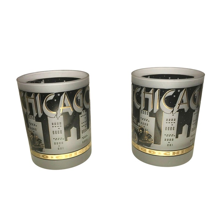 Pair of CHICAGO Tumblers SOUVENIR Gold and Black w Frosted Glass FREE SHIPPING