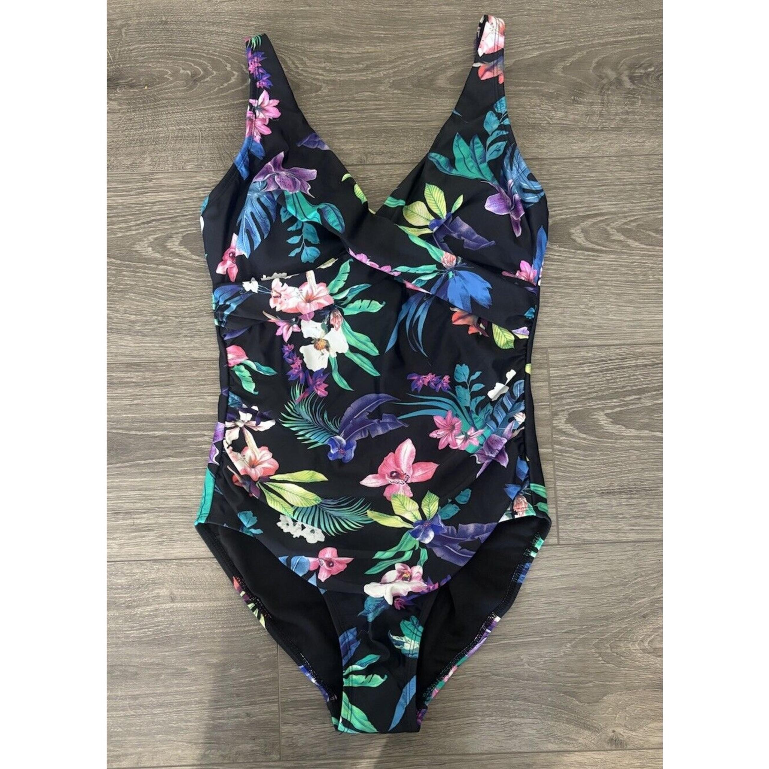 Island Escape Monterey One Piece Underwire Black Floral Swimsuit Size 6 (e1)