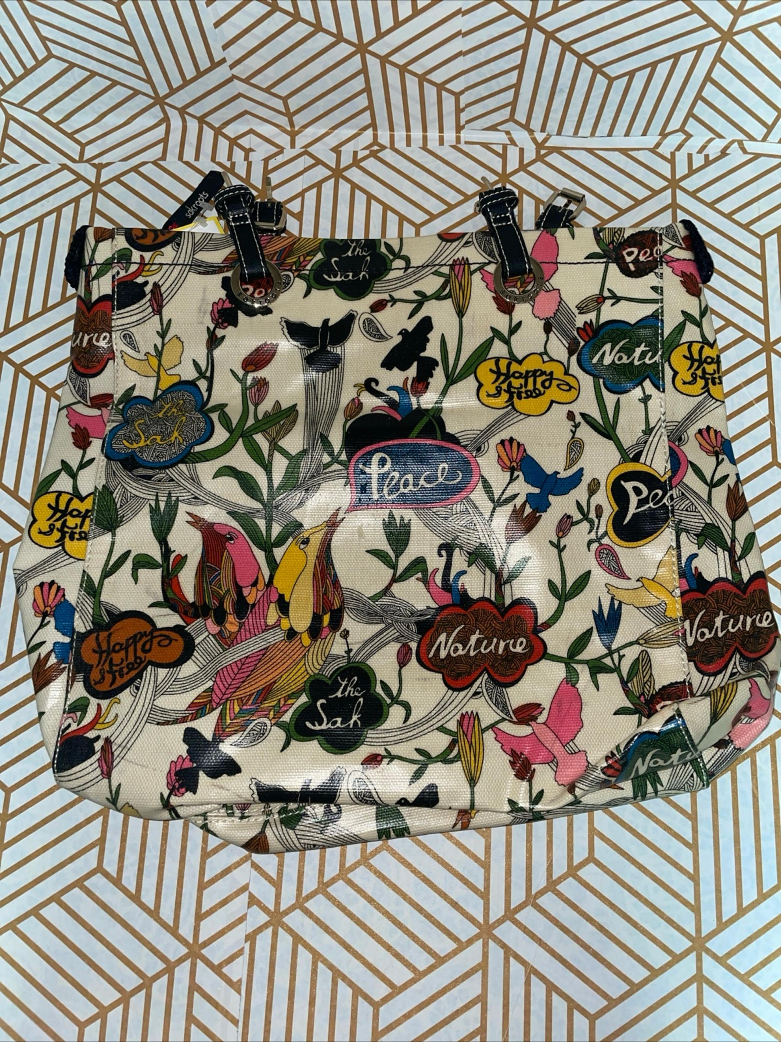 Sakroots Coated Canvas Tote Bag Multicolored Peace/Birds/Floral Print 13"x13."
