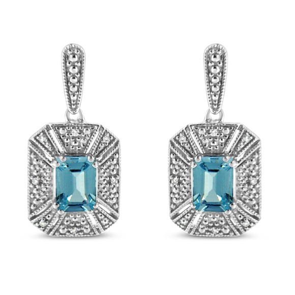 .925 Sterling Silver Blue Topaz Diamond Art Deco Halo Style Dangle Earrings