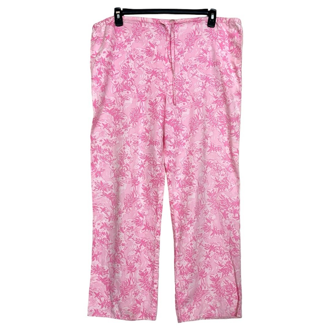 Lilly Pulitzer Pink Floral Linen Blend Drawstring Waist Pants Size Medium