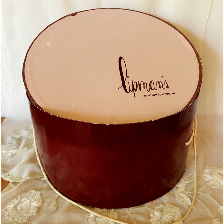 Vintage Hat Box Lipman's of Portland Large Round Pink Burgundy Cord Handle 50s