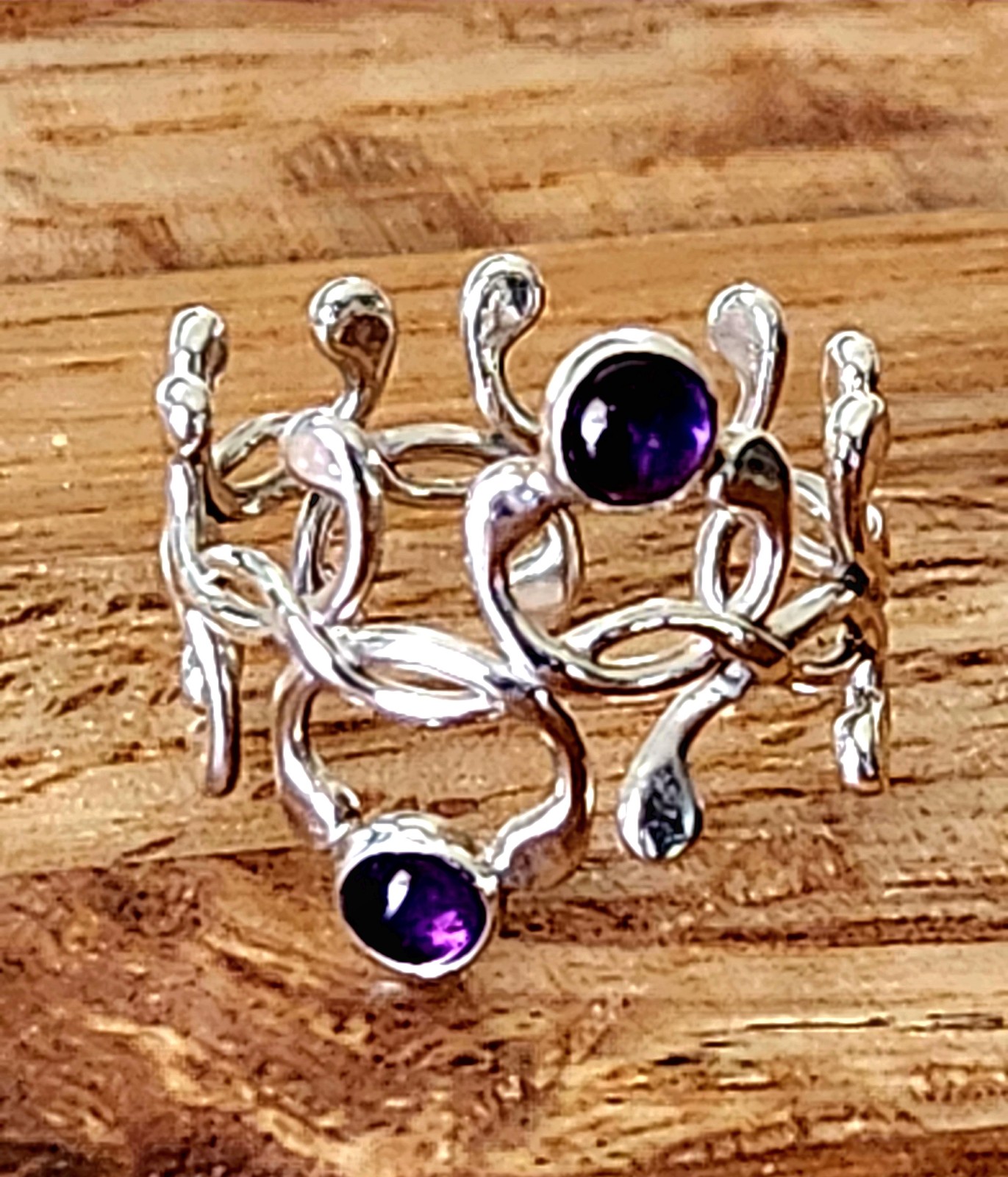 ARGENTIUM Sterling Silver Amethyst Hand-Wrought Modernist Woven Ring-sz.5.75