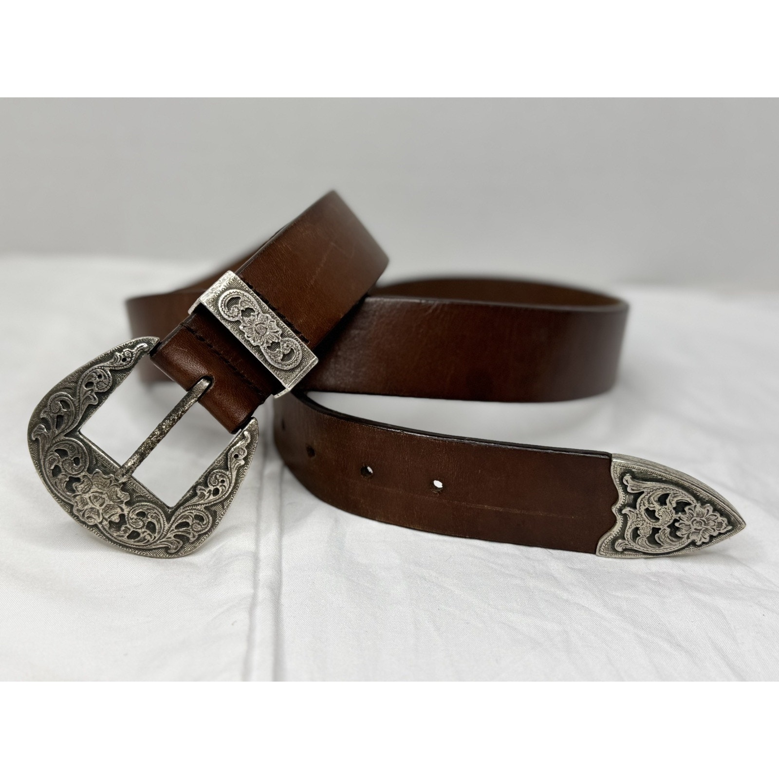 Silpada Designs Brown Leather Silver Tone Belt Western Southwestern Size XL