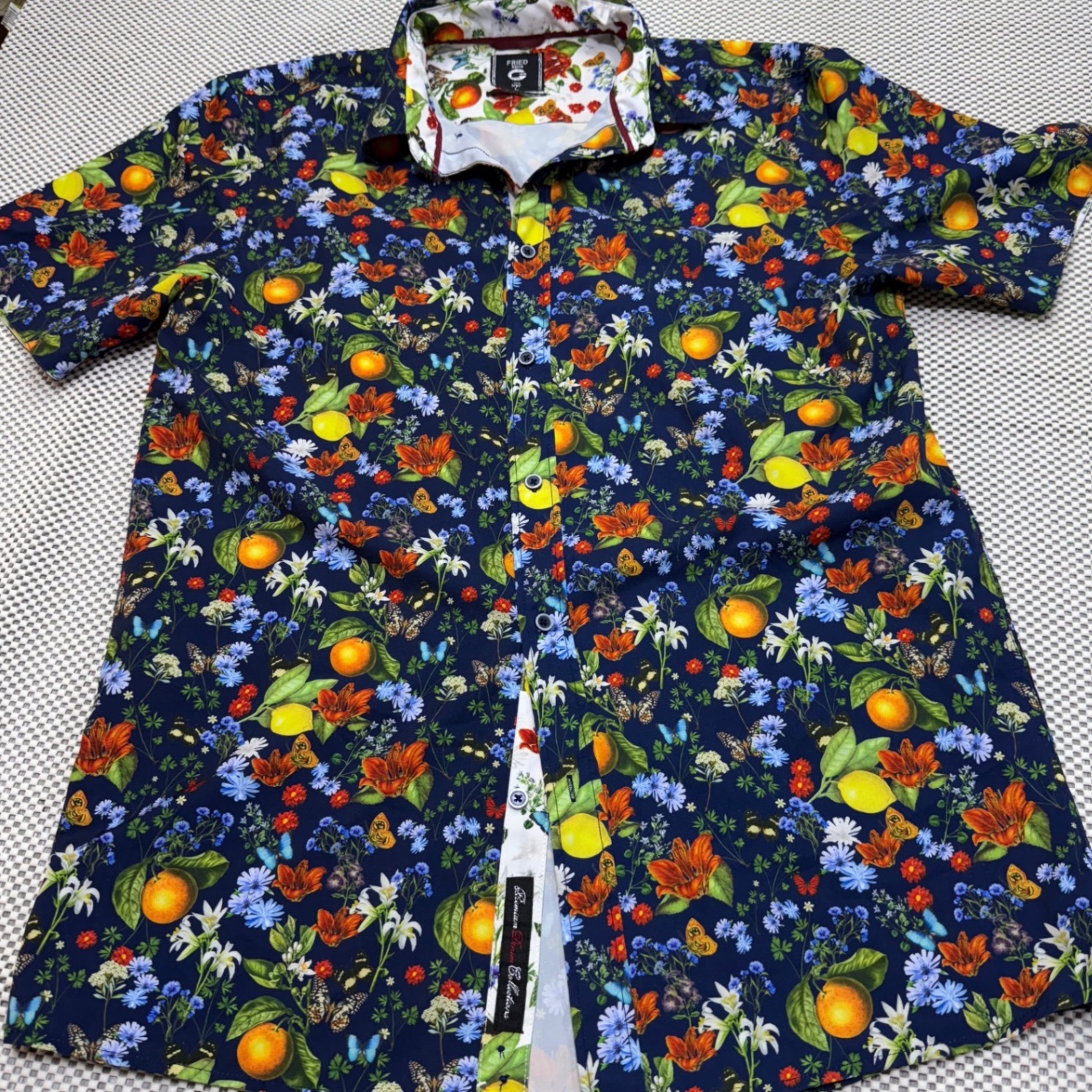 Fried Denim Men's Slim Fit Short Sleeve Button Up Shirt Citrus Floral Print