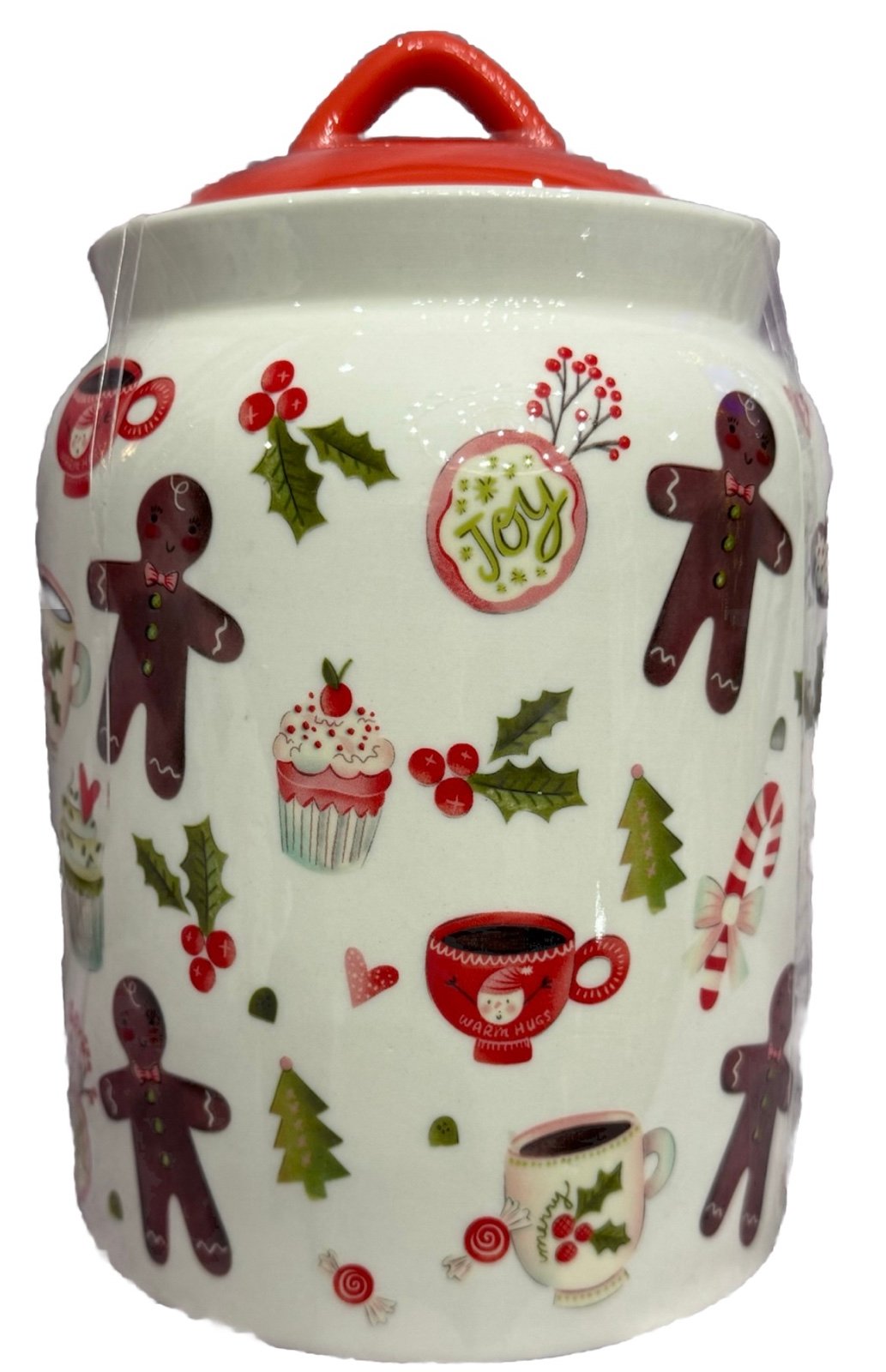 CHRISTMAS HOLIDAY COOKIE JAR/CANISTER W/ GINGERBREAD MEN, HOLLY & CHRISTMAS PICS