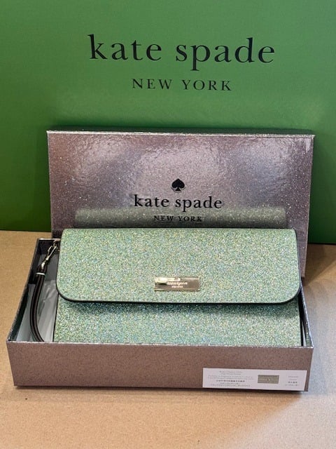 Kate Spade Kenzie Boxed Glitter Medium Flap Phone Wristlet Seawater Ocean KJ007