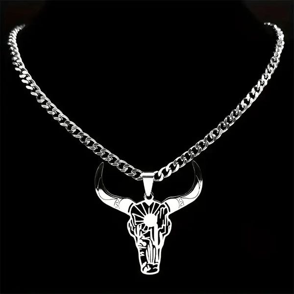 Stainless Steel Longhorn Bull Head Skull Sun Cactus Necklace