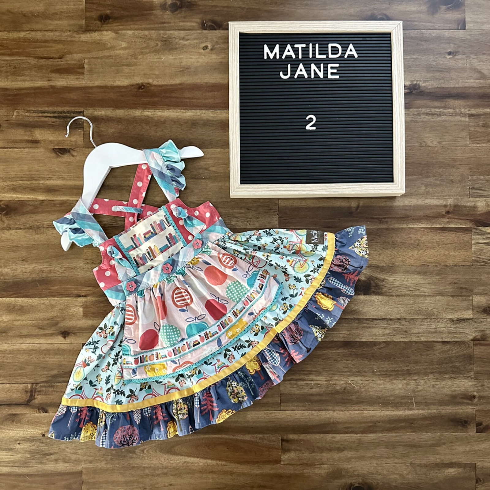 Matilda Jane Wonderment Bike Path Knot Dress Sleeveless Blue Pink Green Apple 2