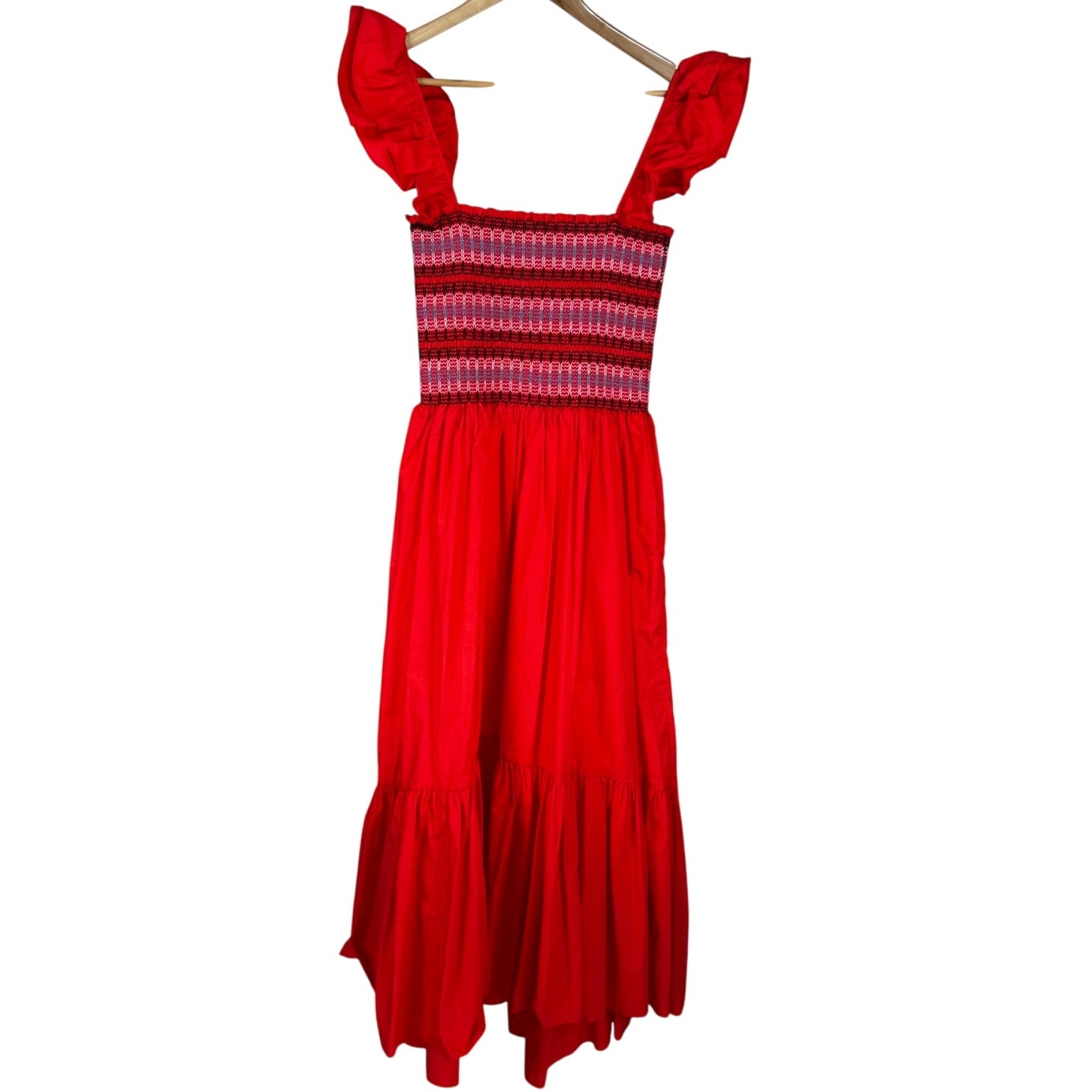 Cara Cara Smocked Midi Dress Red Women's Size Medium 100% Cotton NWOT FLAW