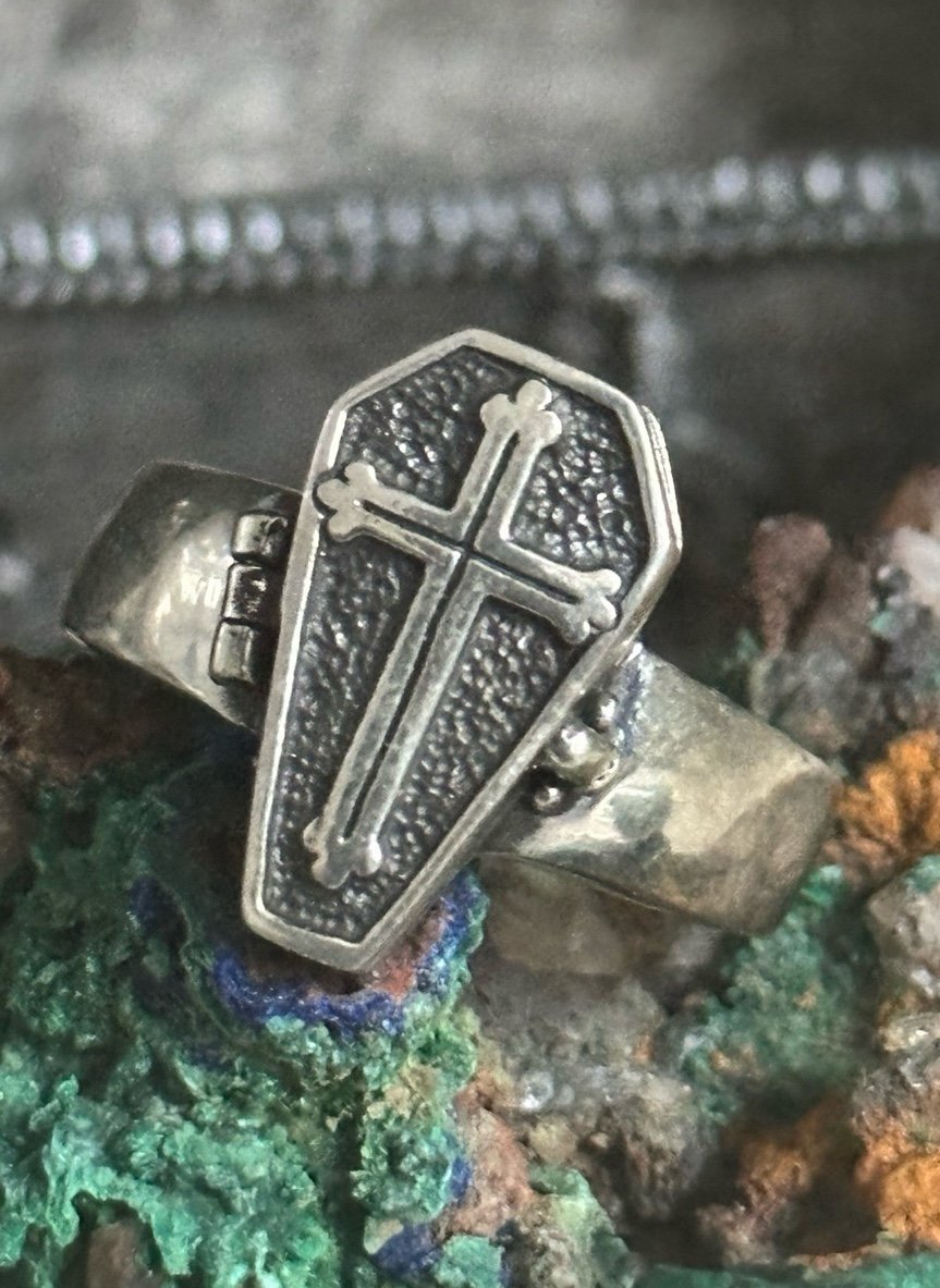 Cross coffin sterling silver poison ring unisex