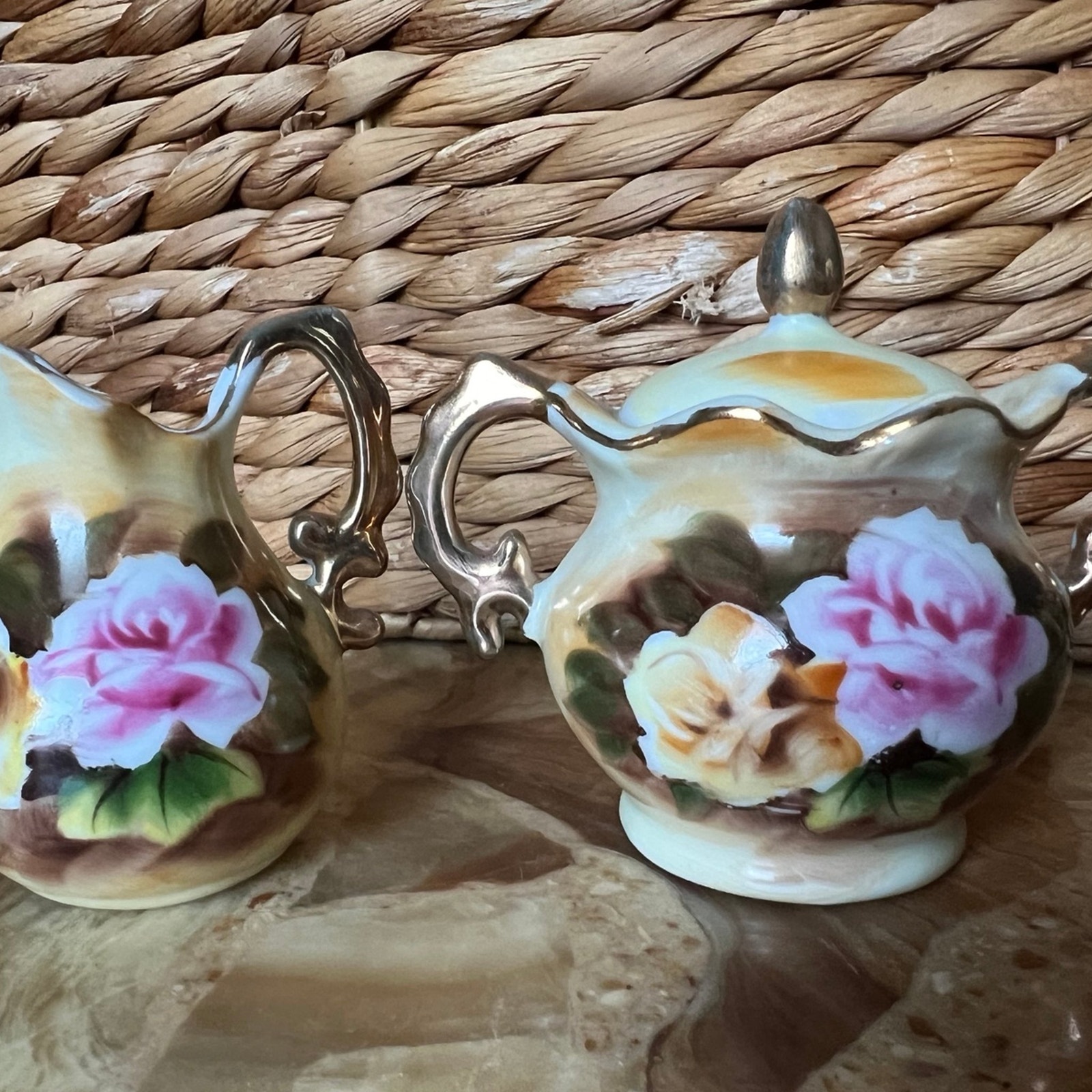 Yellow & Pink Roses Sugar and Creamer