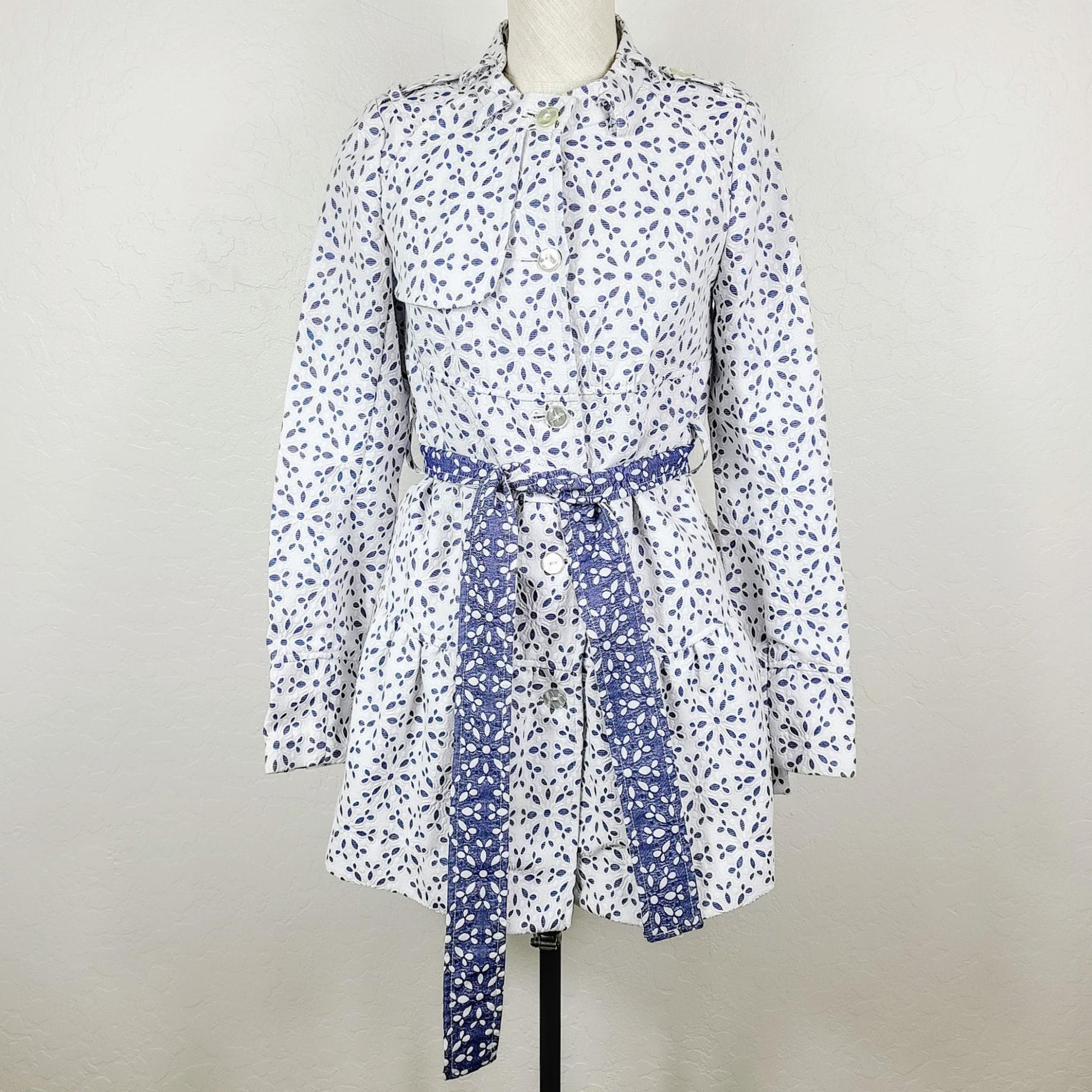 Elevenses Trench Jacket Womens 0 White Blue Eyelet Peplum Button-Front Tie-Waist